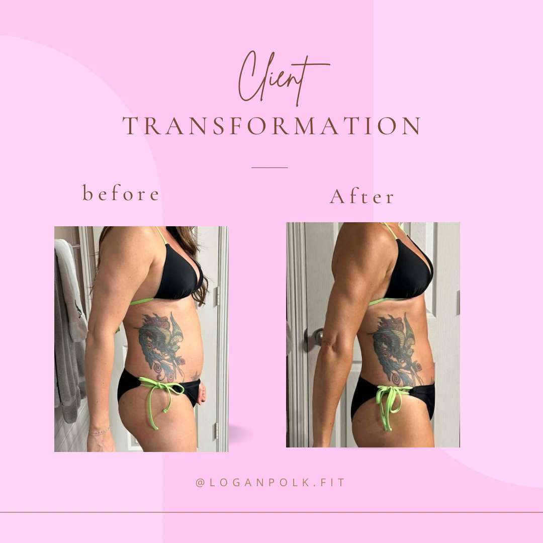 Client transformation image showing how much weight a women lost using Logan's fitness program