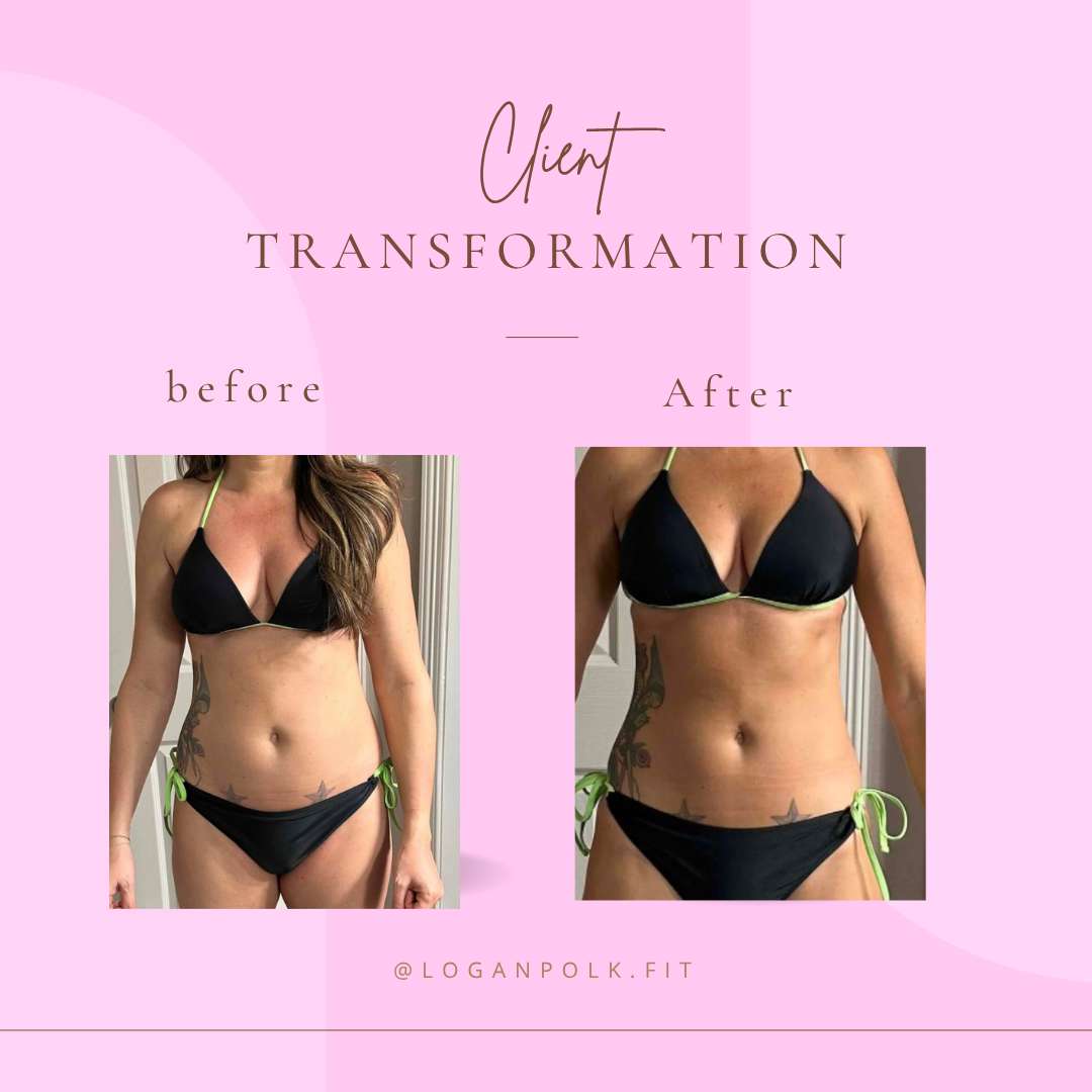 Client transformation image showing how much weight a women lost using Logan's fitness program