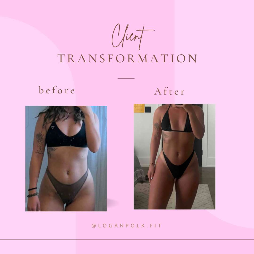 Client transformation image showing how much weight a women lost using Logan's fitness program