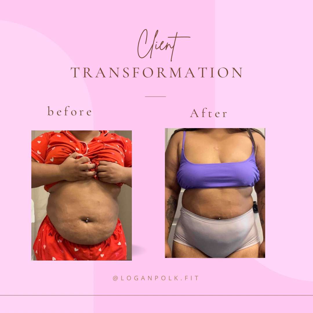 Client transformation image showing how much weight a women lost using Logan's fitness program
