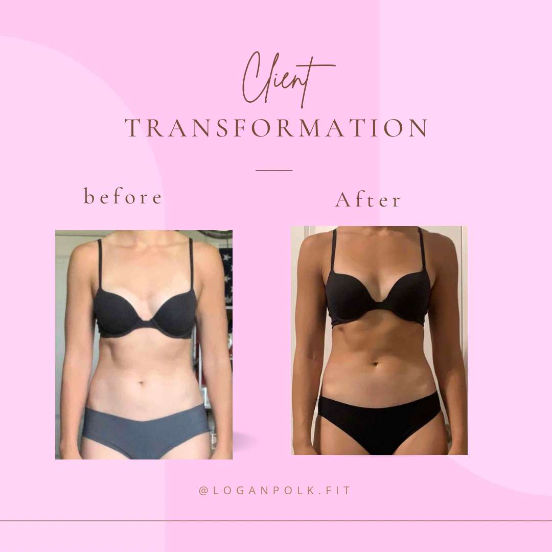 Client transformation image showing how much weight a women lost using Logan's fitness program