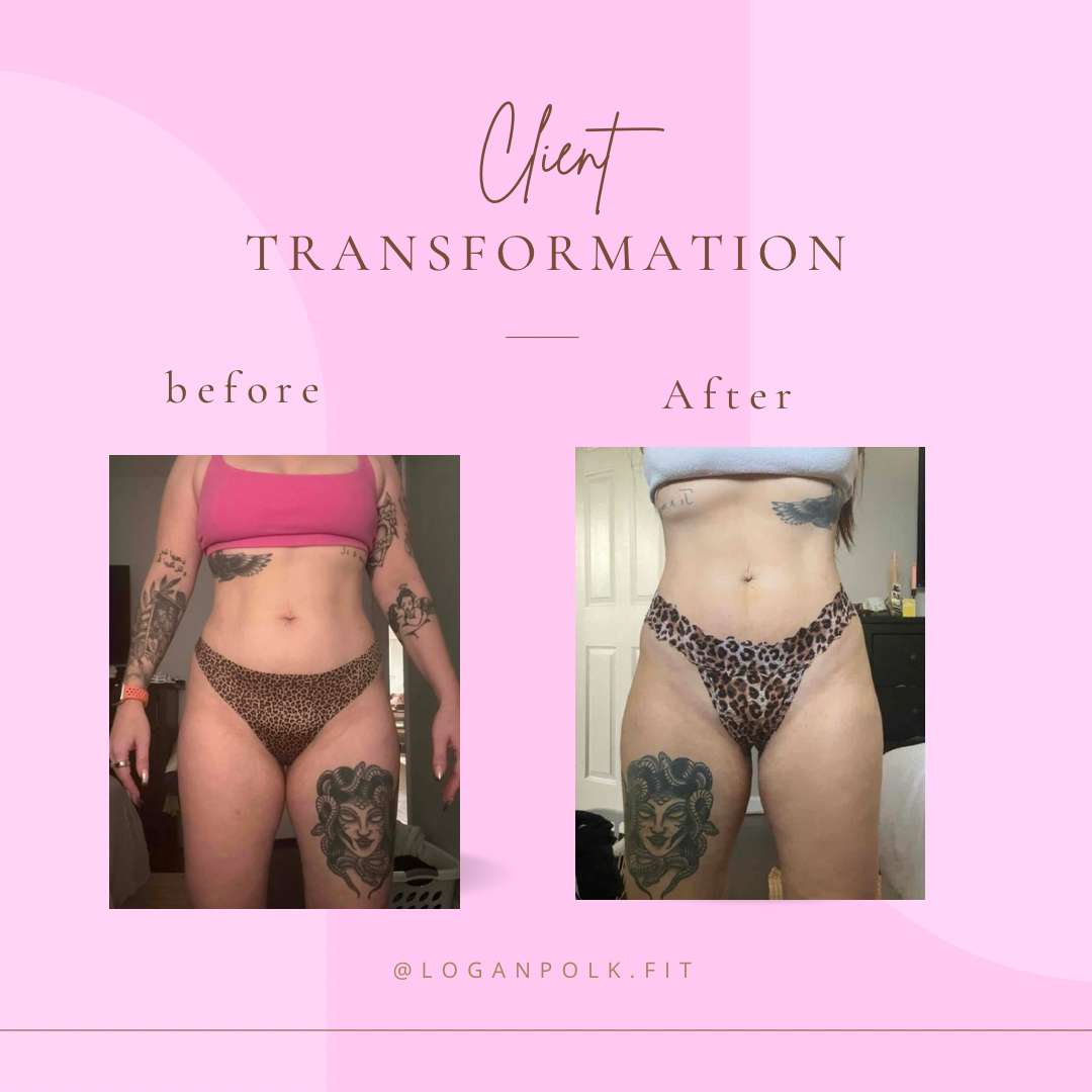 Client transformation image showing how much weight a women lost using Logan's fitness program