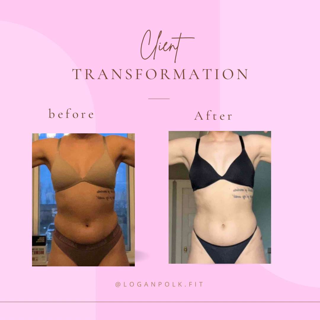 Client transformation image showing how much weight a women lost using Logan's fitness program