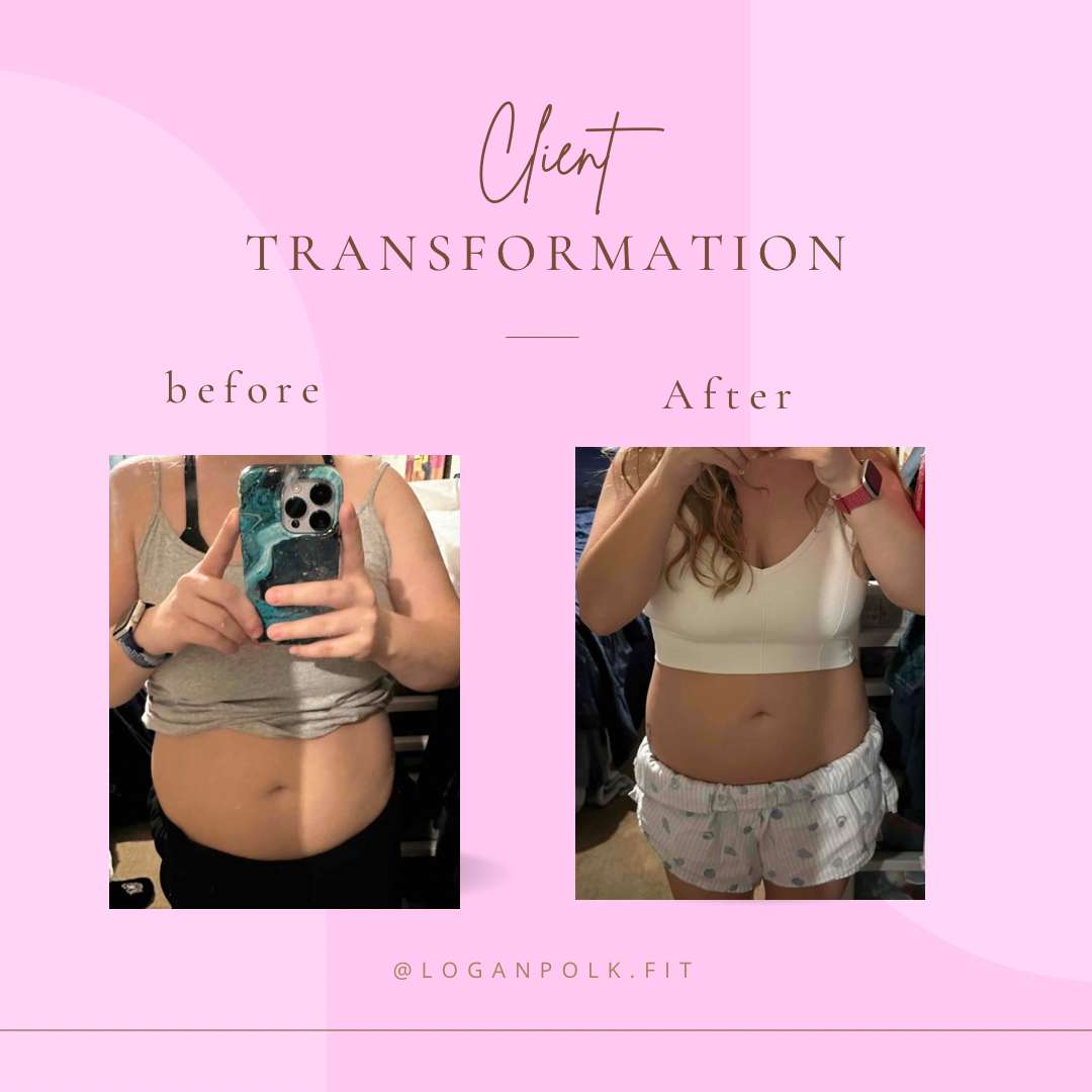 Client transformation image showing how much weight a women lost using Logan's fitness program