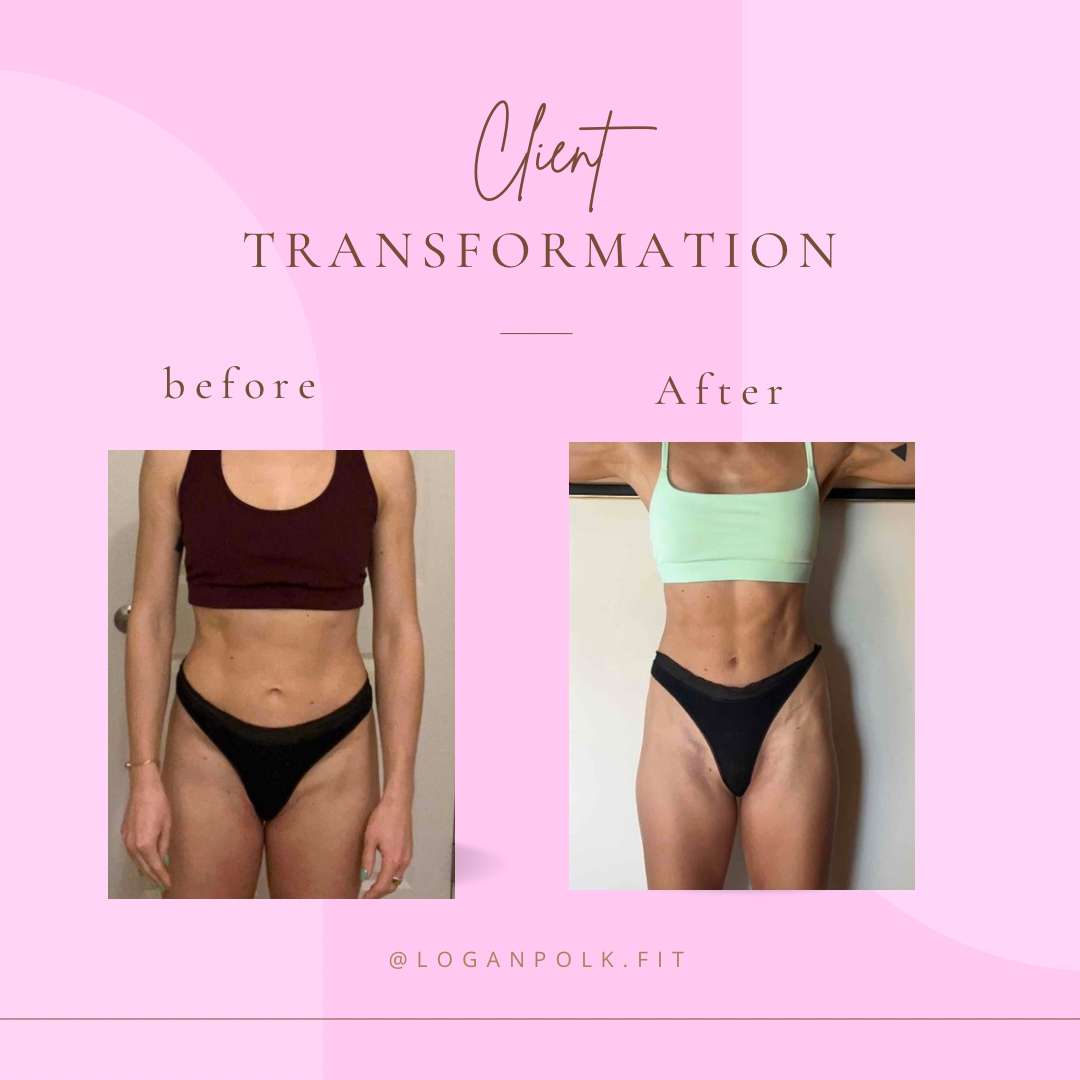Client transformation image showing how much weight a women lost using Logan's fitness program