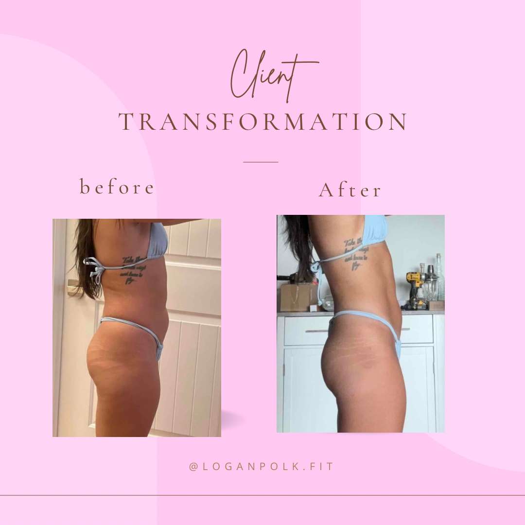 Client transformation image showing how much weight a women lost using Logan's fitness program