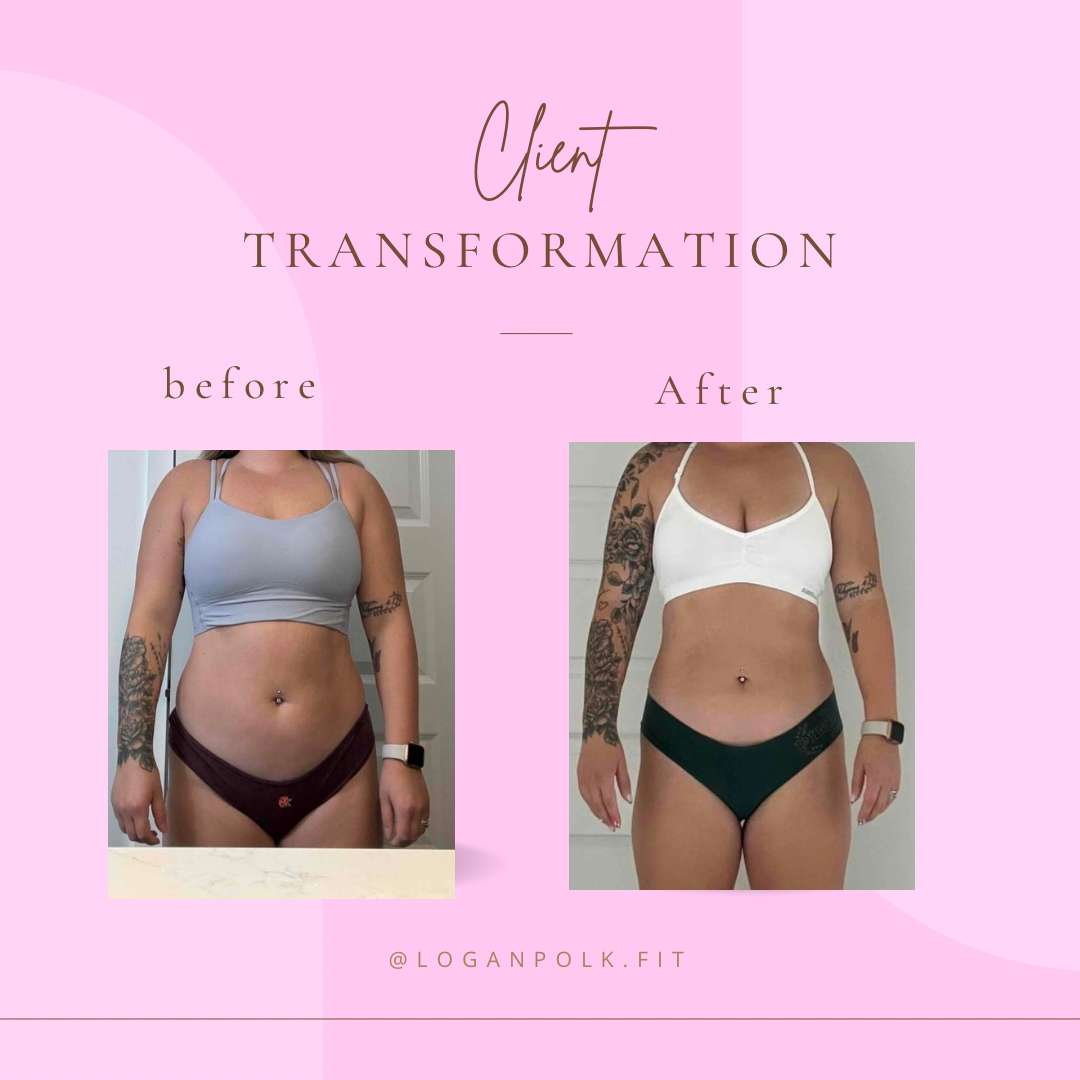Client transformation image showing how much weight a women lost using Logan's fitness program