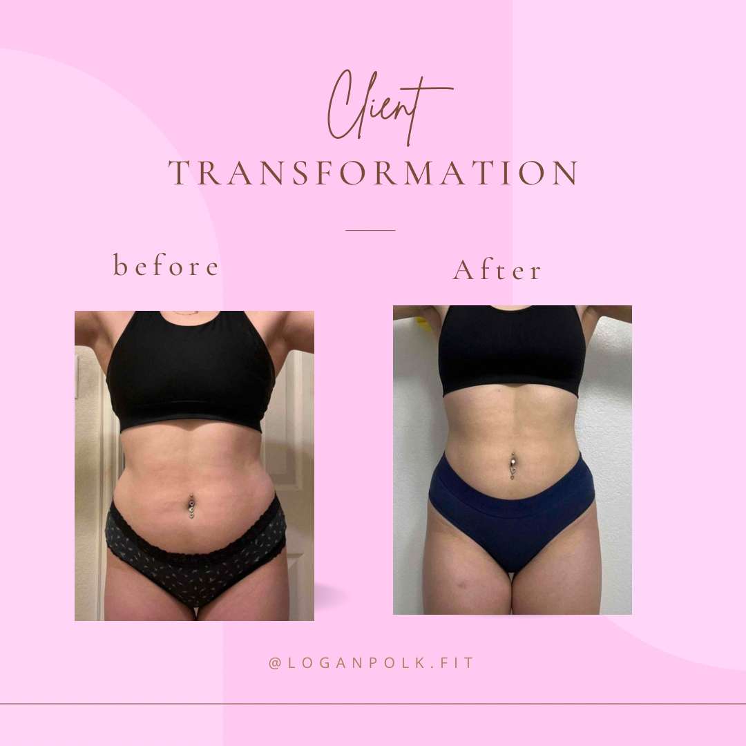 Client transformation image showing how much weight a women lost using Logan's fitness program
