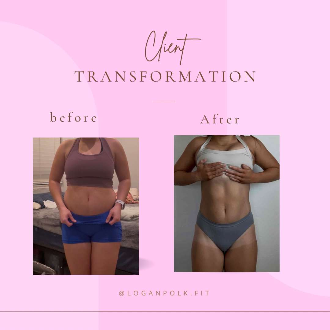 Client transformation image showing how much weight a women lost using Logan's fitness program