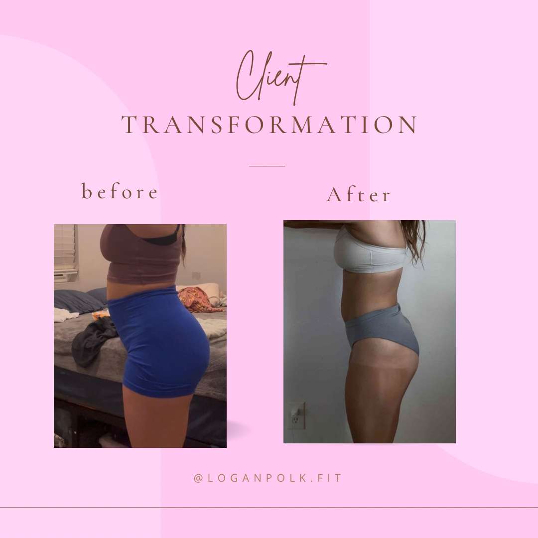 Client transformation image showing how much weight a women lost using Logan's fitness program
