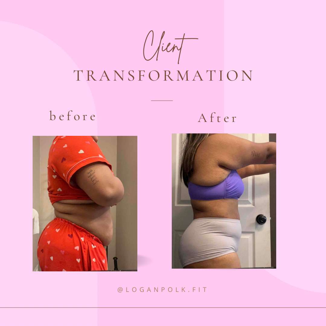Client transformation image showing how much weight a women lost using Logan's fitness program