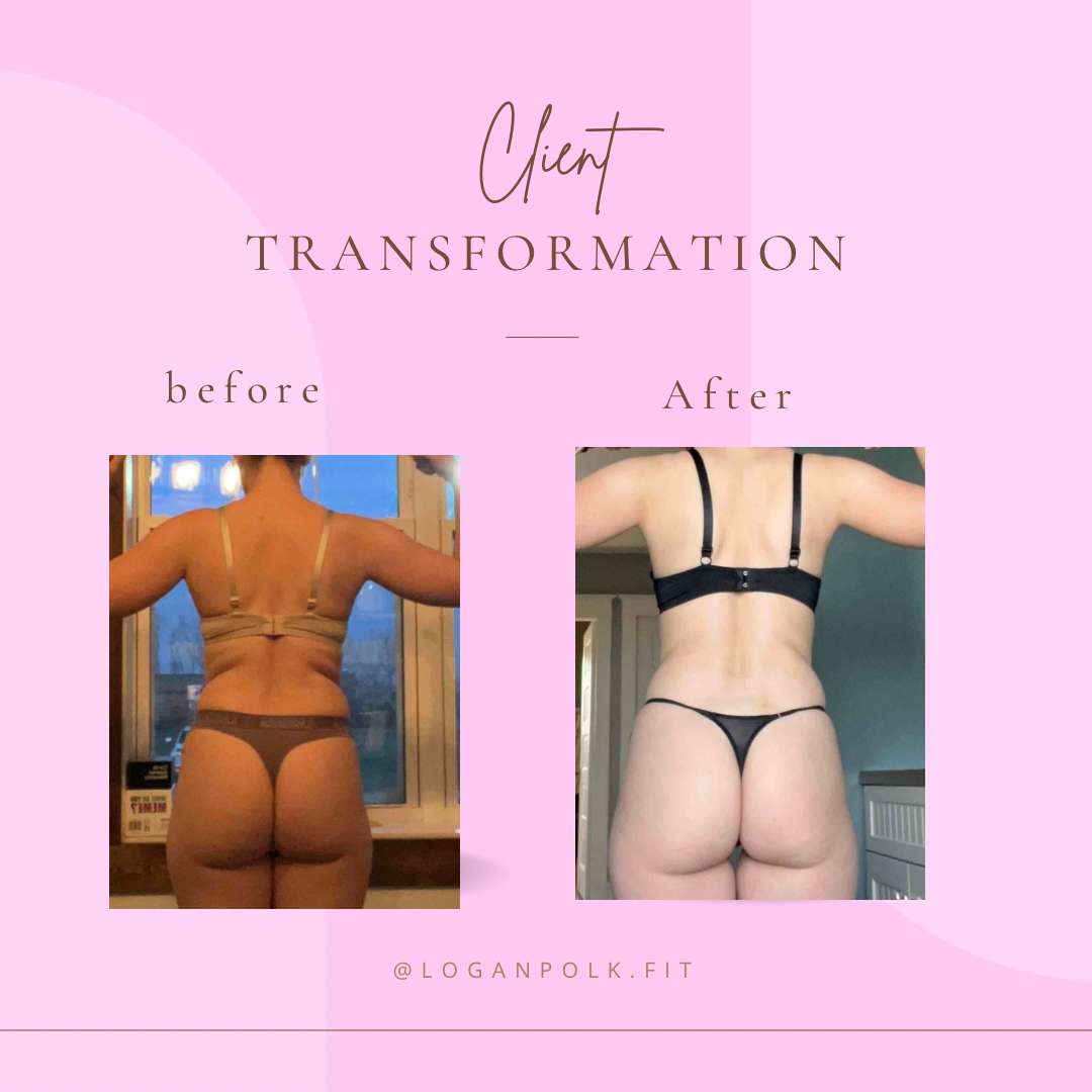 Client transformation image showing how much weight a women lost using Logan's fitness program