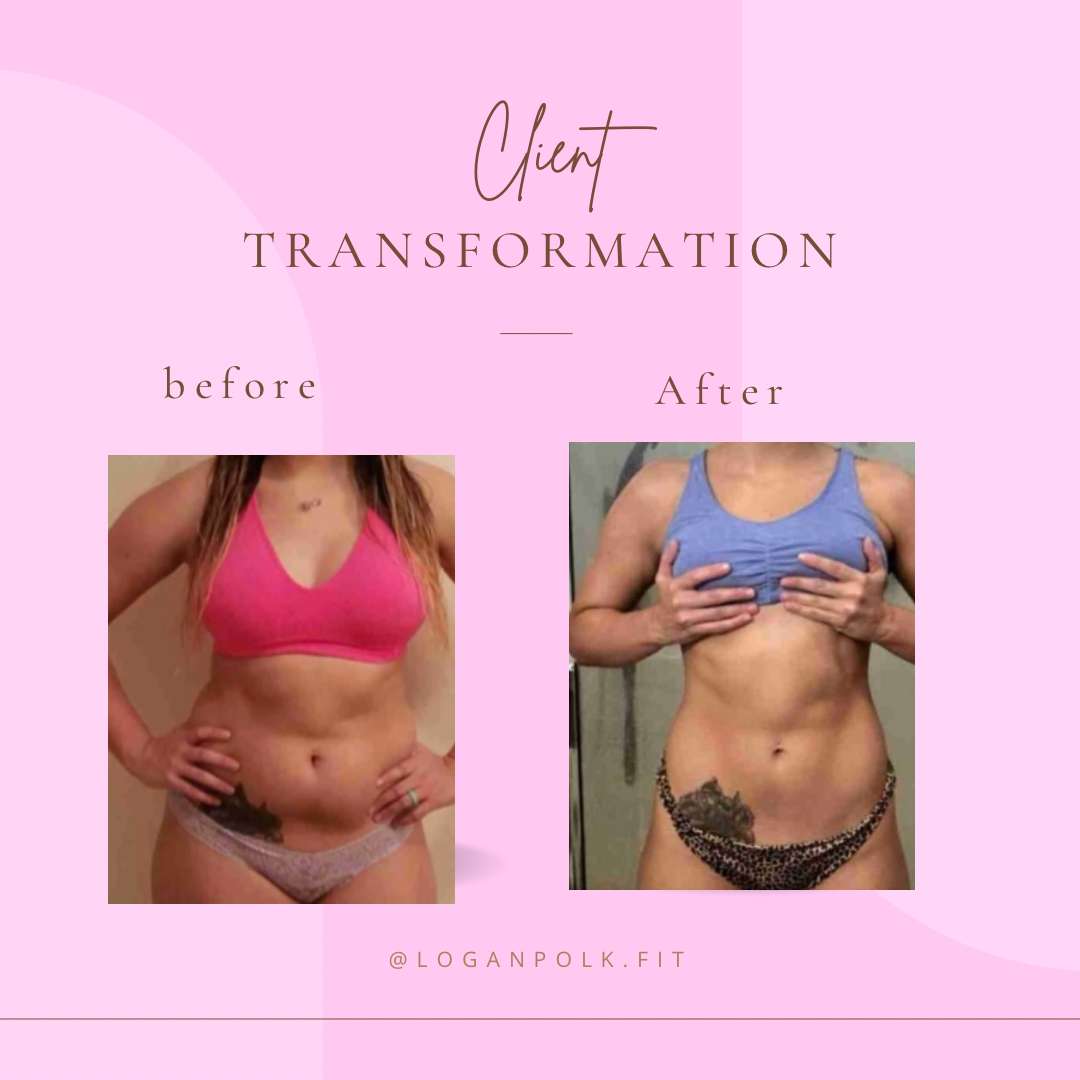 Client transformation image showing how much weight a women lost using Logan's fitness program