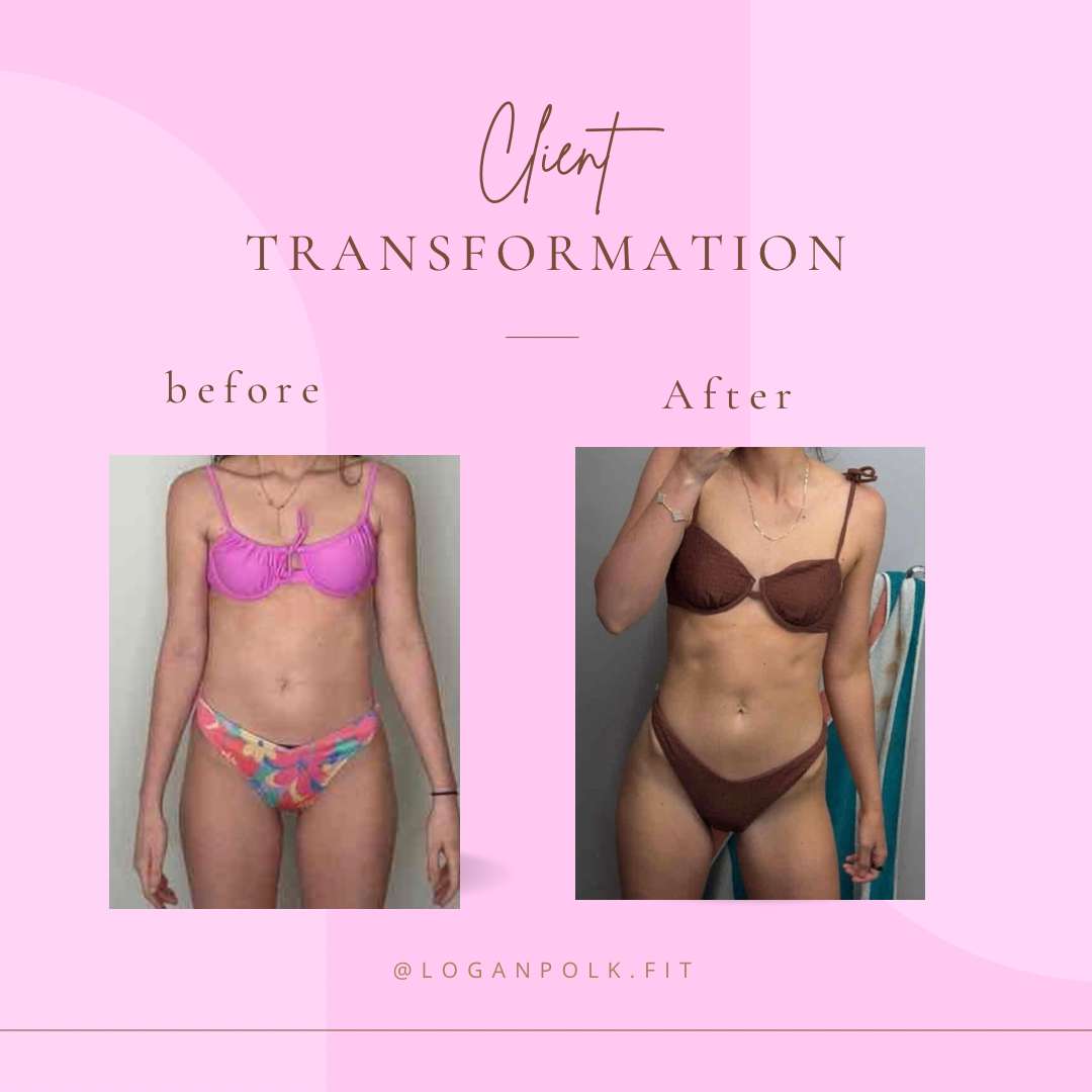 Client transformation image showing how much weight a women lost using Logan's fitness program