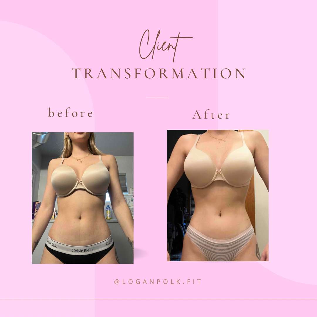 Client transformation image showing how much weight a women lost using Logan's fitness program