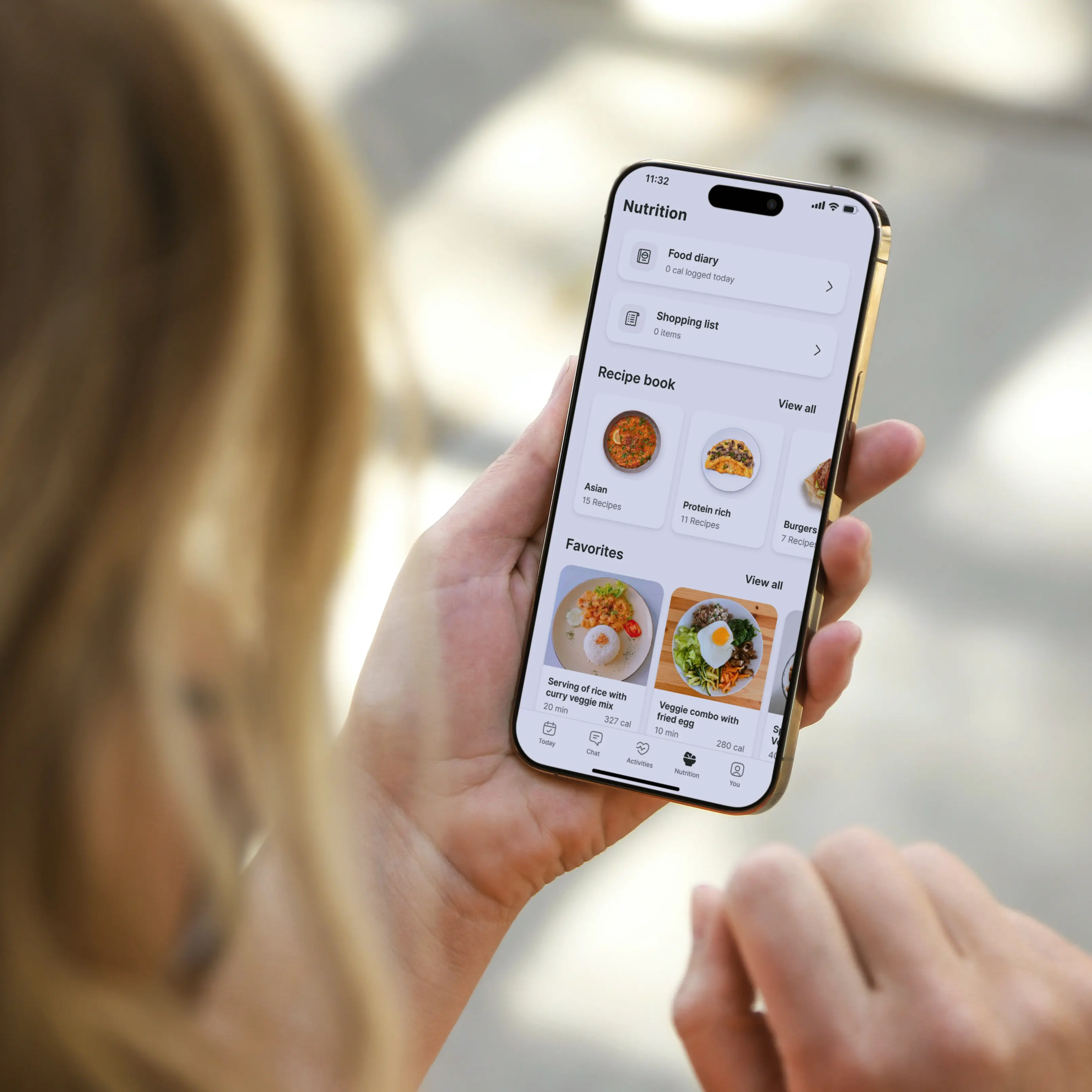 Logan Polk's app showing the extensive meal plan section with food options for Asian, Protein rich, and Burgers